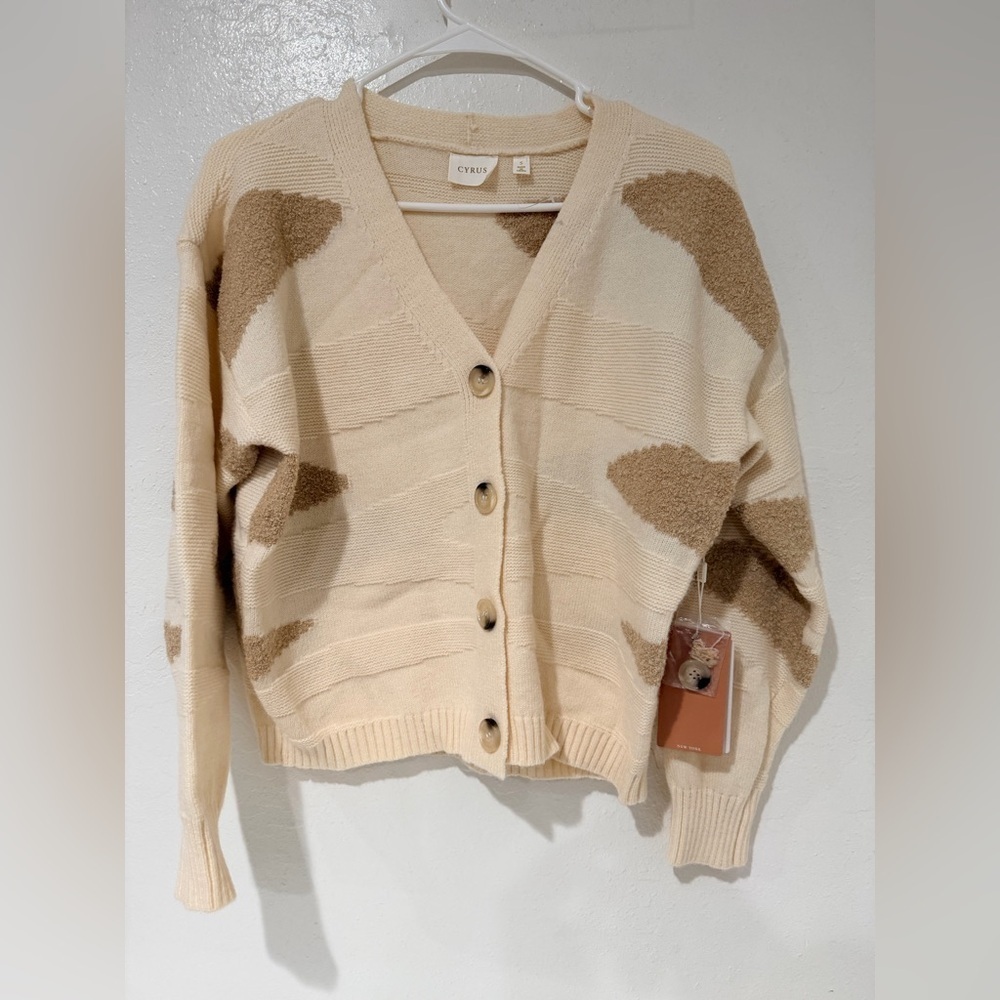 Cyrus Button Front Cream and Camel Cardigan Sweater size S - Picture 6 of 12